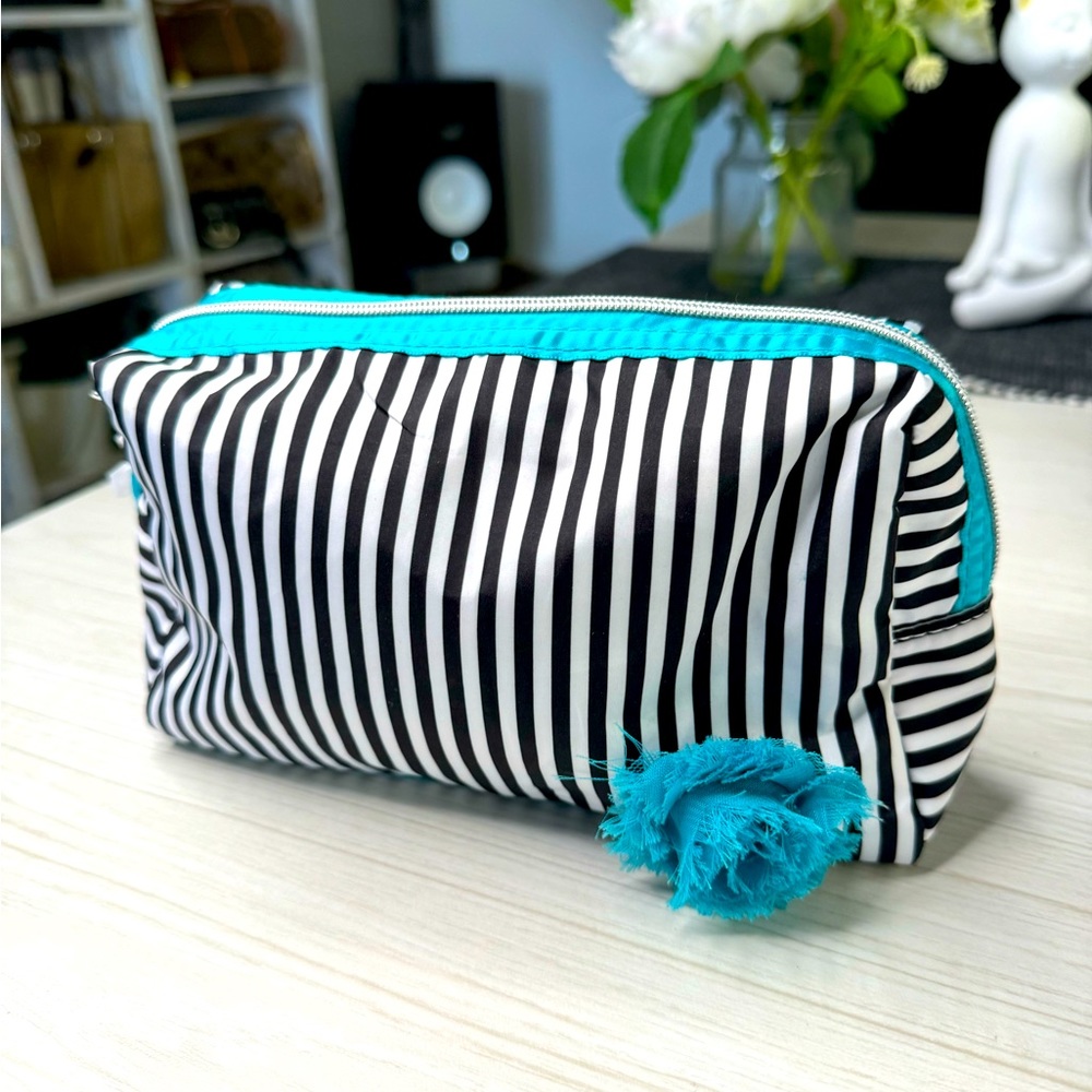 Lancôme Cosmetic Bag black & white clean stripe with teal flower NEW